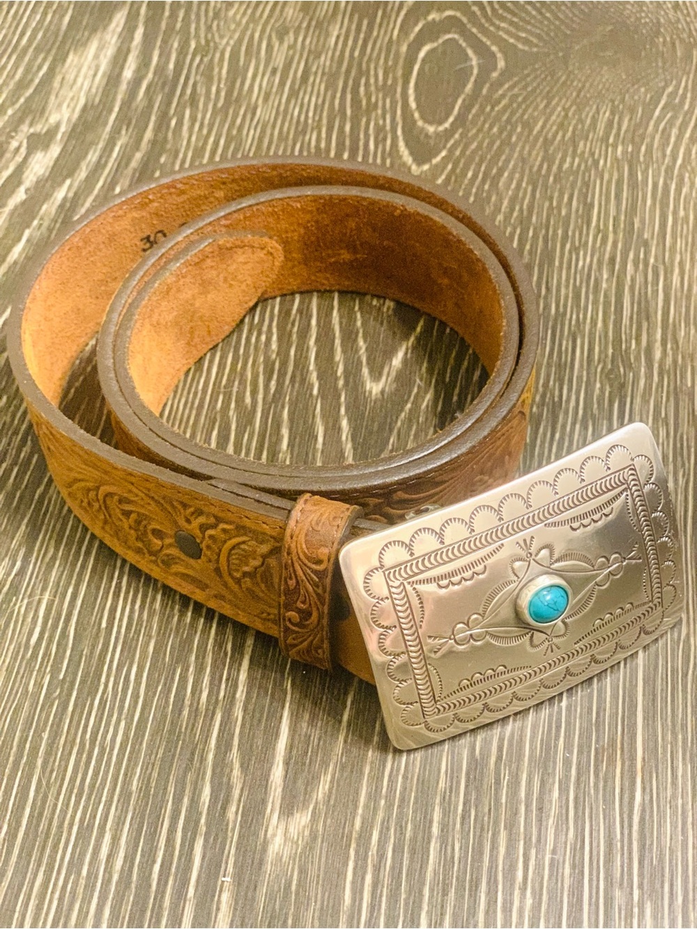 Tony Lama Women's Navajo Spirit Embossed Leather Belt Bark Color Sz 30 Western